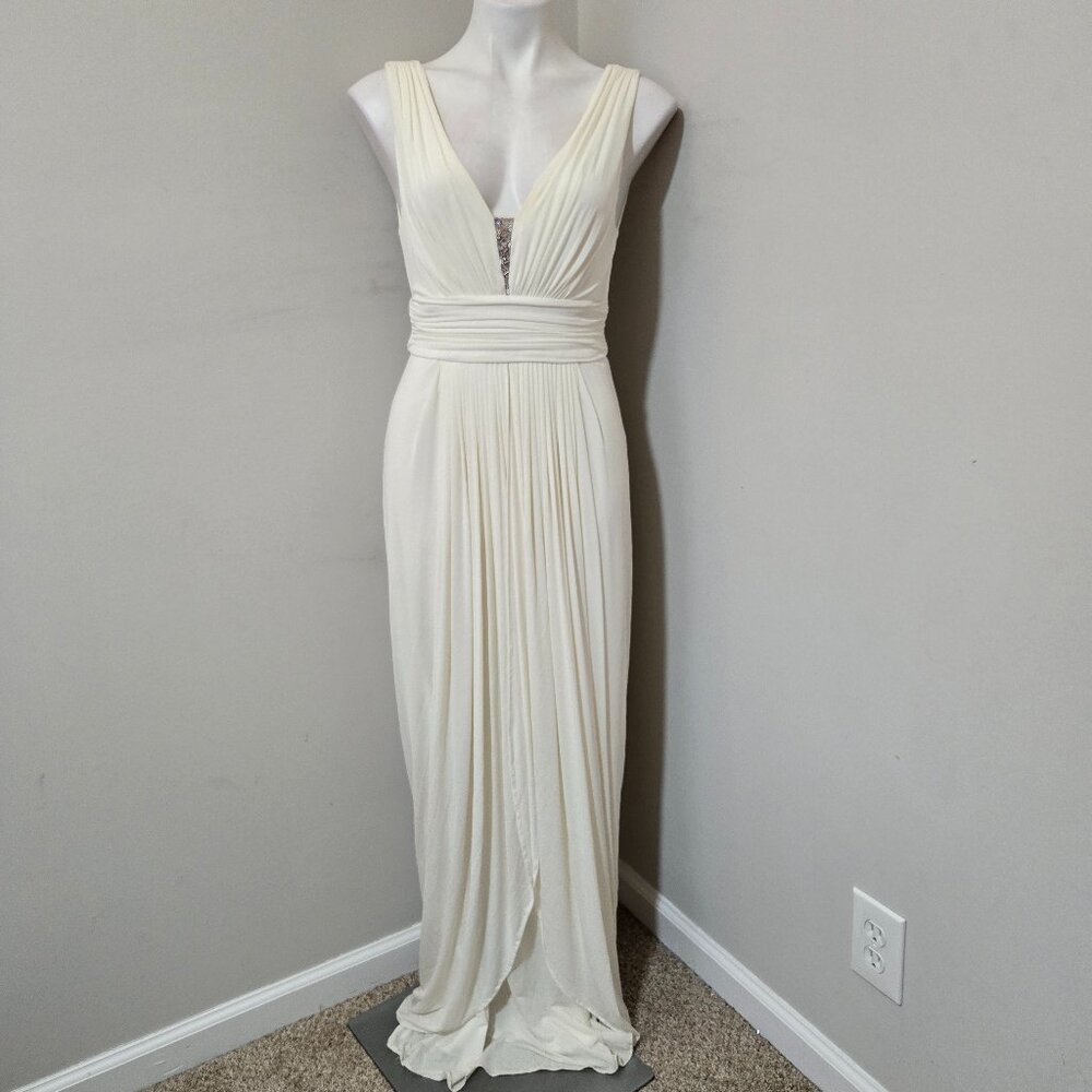 Sz S BCBGMaxAzria Ivory Grecian Plunge Jersey Gown Dress Crystal Bust Detail